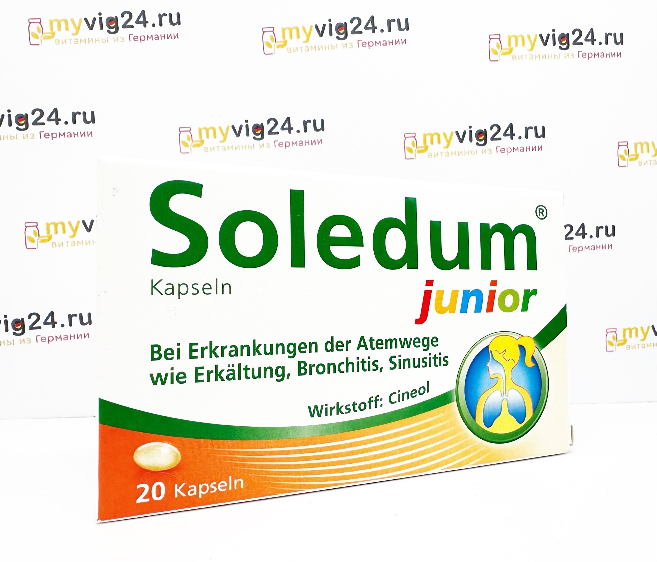 Soledum® Kapseln junior bei Erkältung, Bronchitis & Sinusitis Соледиум  лечение синусита и бронхита, 20 штук